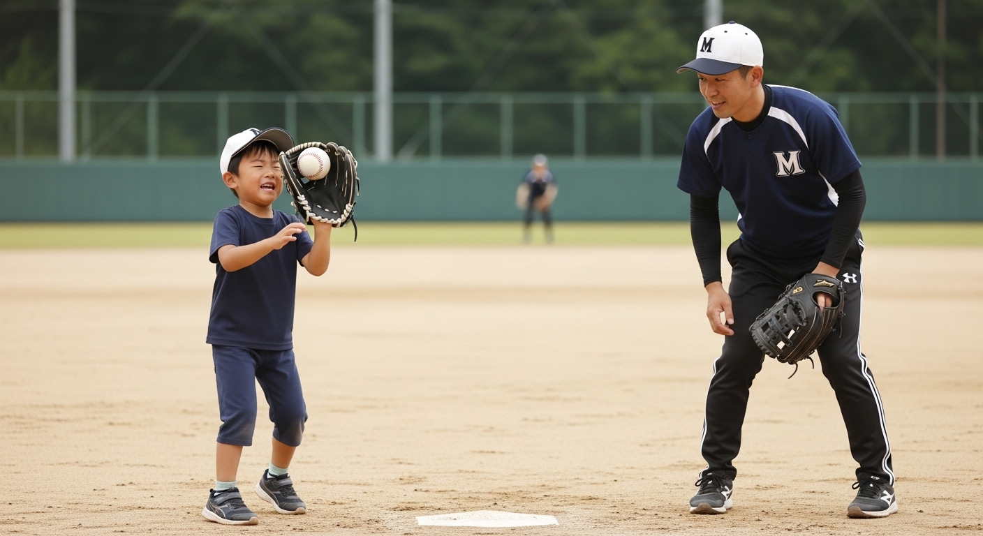固いグローブで泣いていた少年野球の子供が、父親と一緒に的当てゲーム「59ZUBAAN！」で遊び、笑顔でボールを投げている様子。