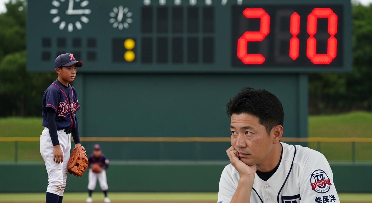 少年野球の試合でマウンドに立つピッチャーと、交代を思案する監督