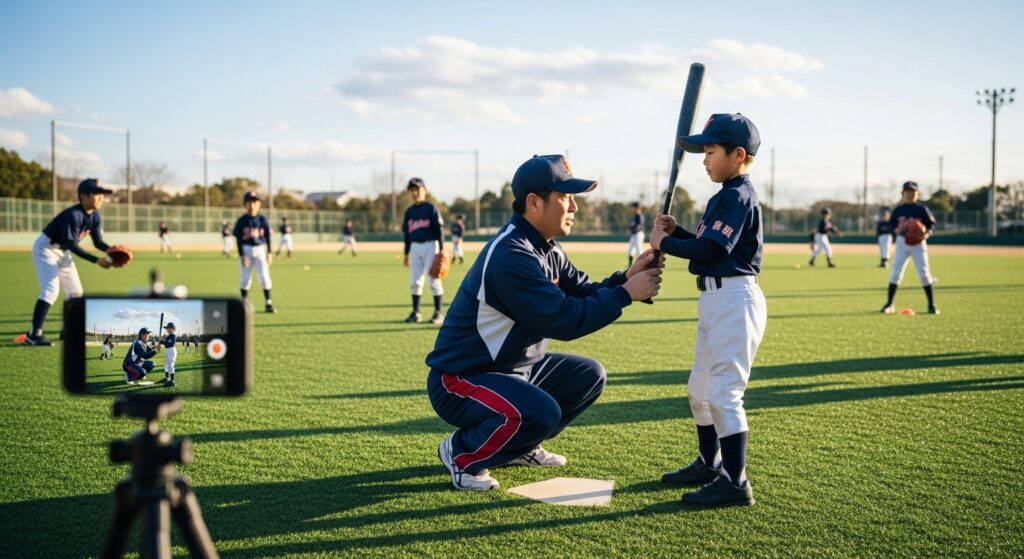少年野球の練習風景をスマートフォンで撮影し、SNSで公開している様子