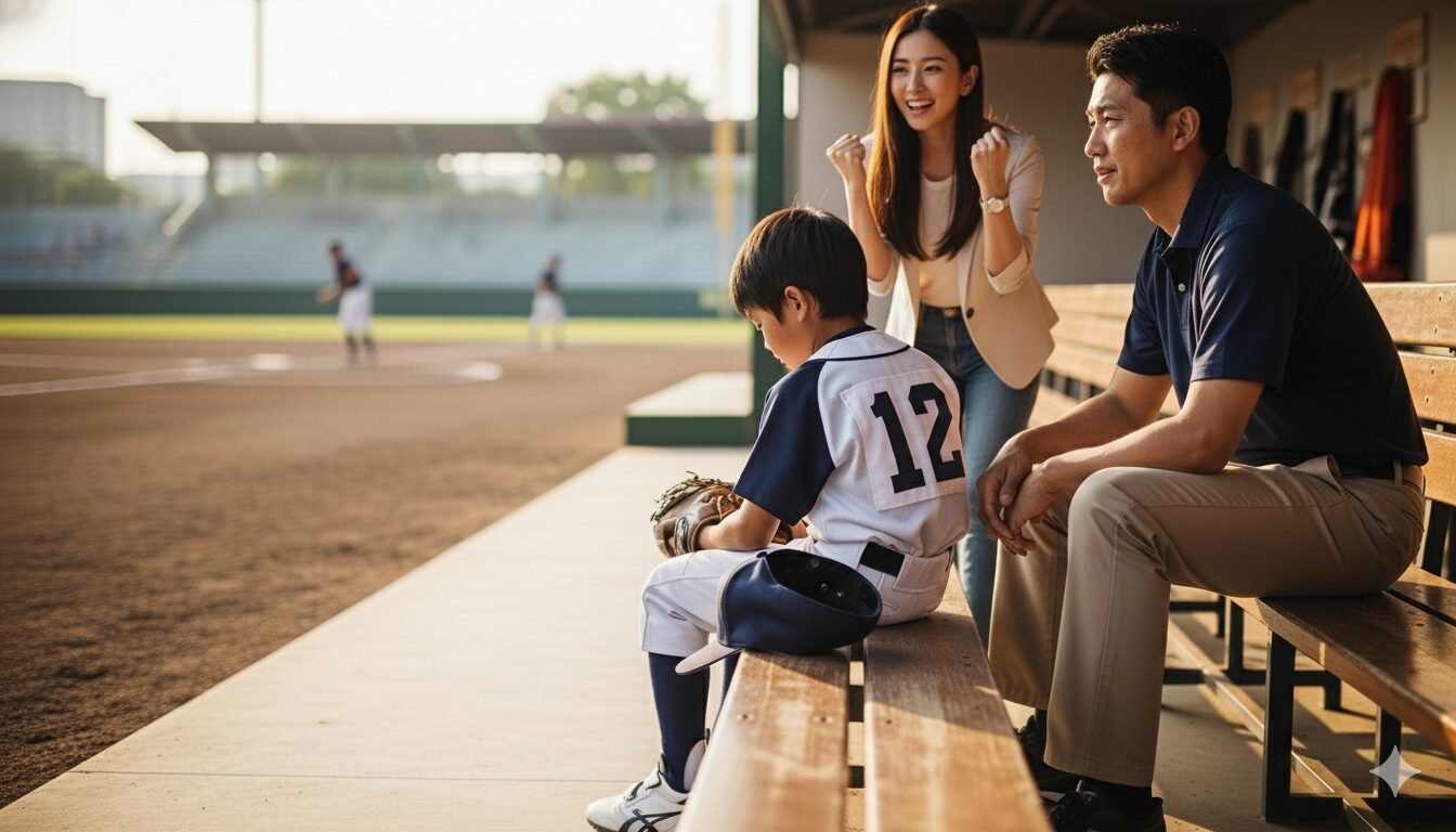 ベンチで落ち込む少年野球の息子と、その隣でサポートの方法を思案する父親