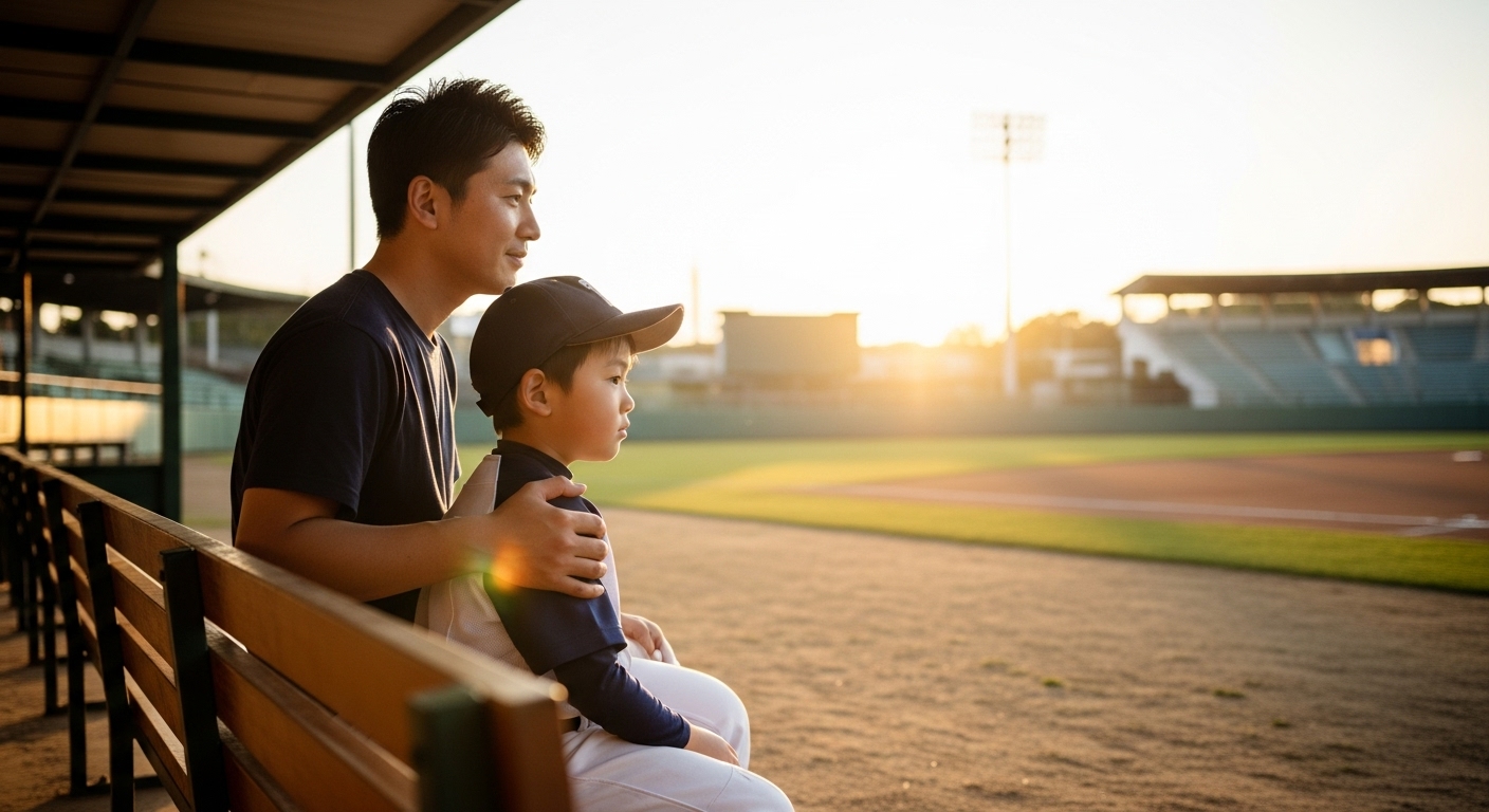 夕暮れのグラウンドで息子の肩を抱く野球パパ