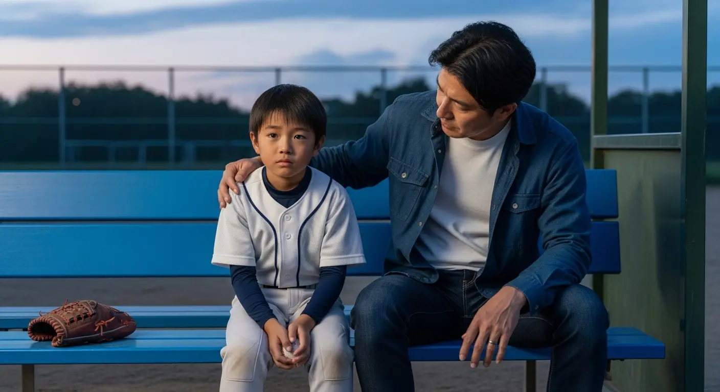 少年野球のイップスに悩む息子を、父親がグラウンドのベンチで優しく支えている様子。