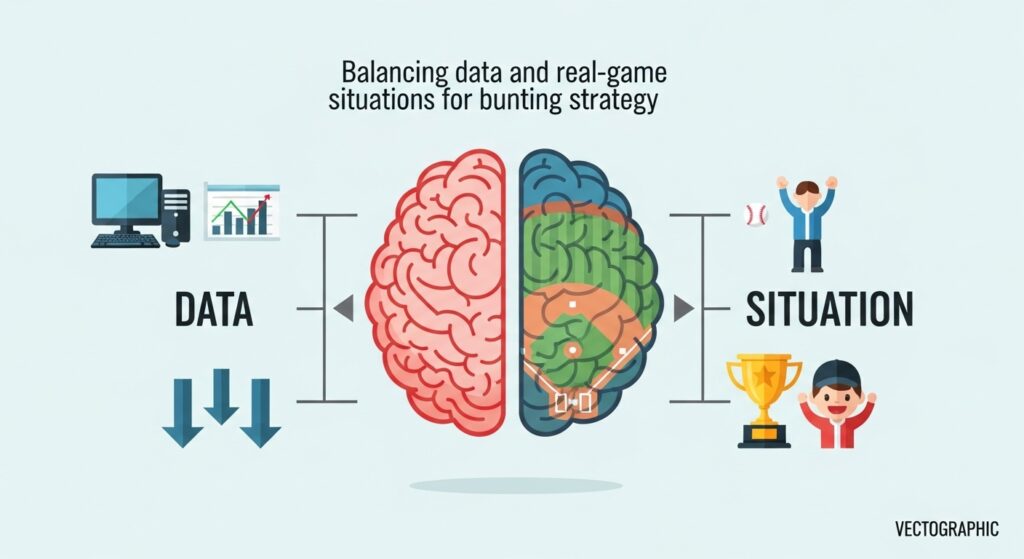 少年野球のバント戦術におけるデータと状況判断のバランスを示すインフォグラフィック