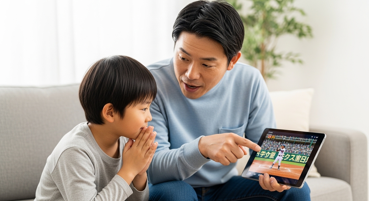 野球未経験の父親が少年野球をする息子に明治神宮大会について解説し、息子が尊敬の眼差しで見ている様子