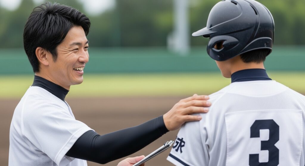 タブレットを片手に中学生選手を笑顔でサポートする野球未経験のパパ