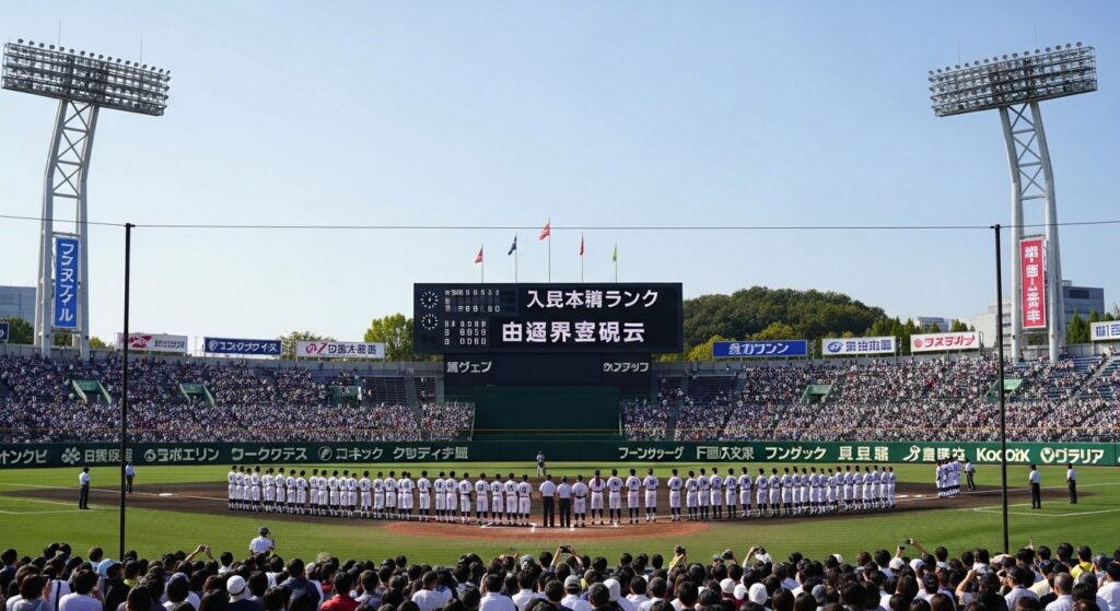秋晴れの明治神宮野球場で開催される高校野球の試合風景