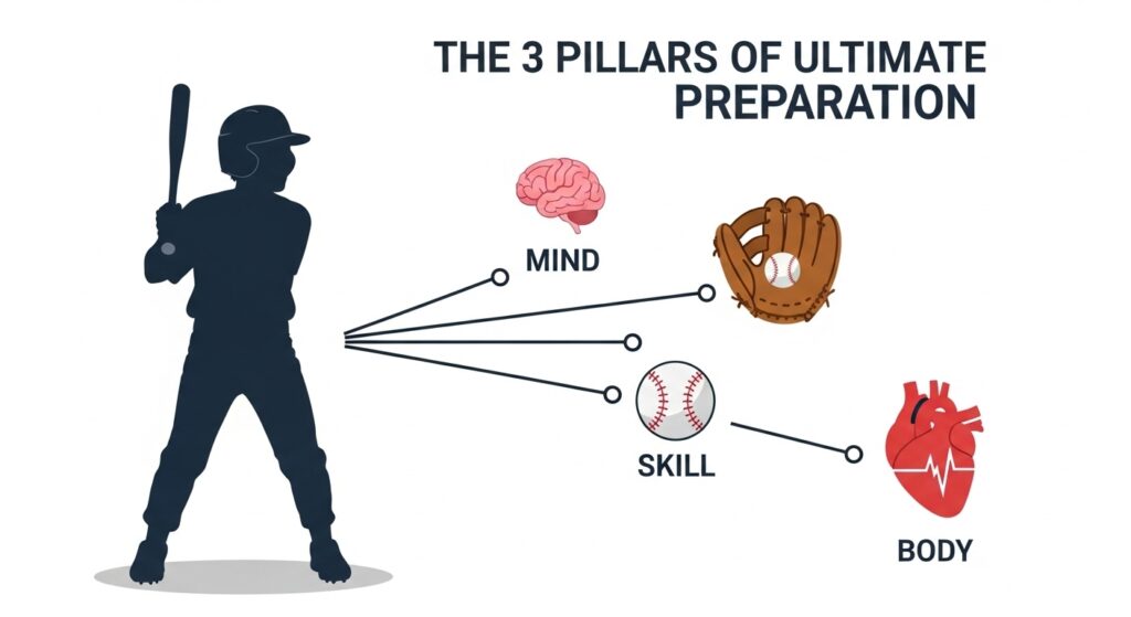 最高の準備を構成する心・技・体の3要素を示したインフォグラフィック