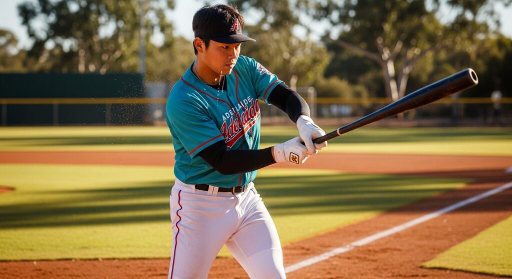 オーストラリアの強い日差しの下、海外リーグのユニフォームを着た若い日本人野球選手が、汗を流しながら真剣な表情で練習に打ち込んでいる。