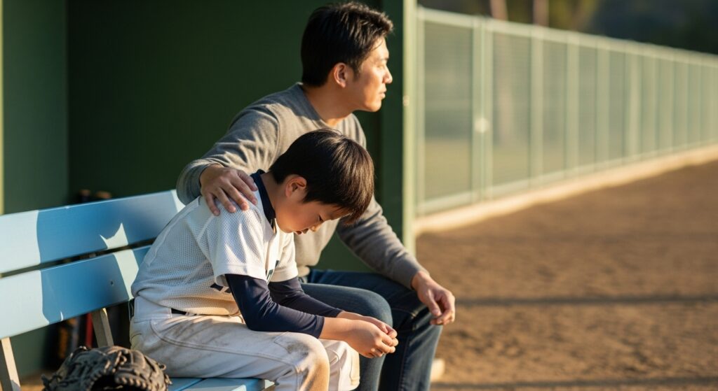 試合に出られず落ち込む息子を励ます父親