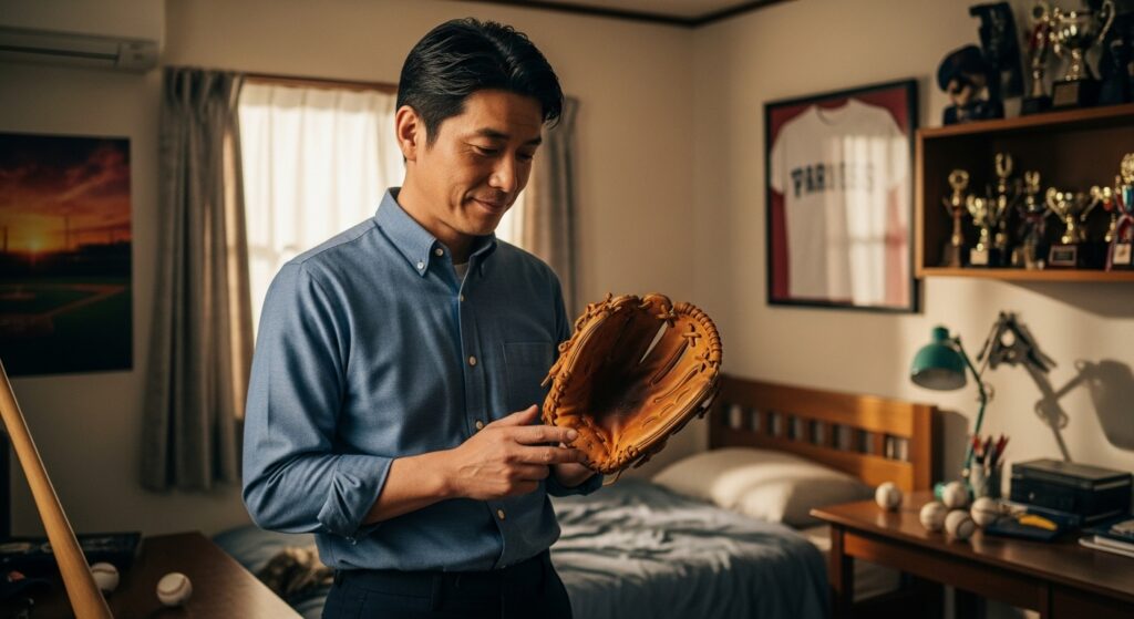 息子の野球グローブを手に持ち、自身の考え方を見つめ直す父親