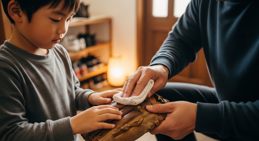 親子で一緒に野球のグローブを手入れする様子