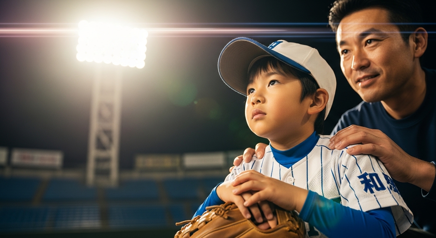 試合に臨む少年野球の選手と、その肩に手を添える父親