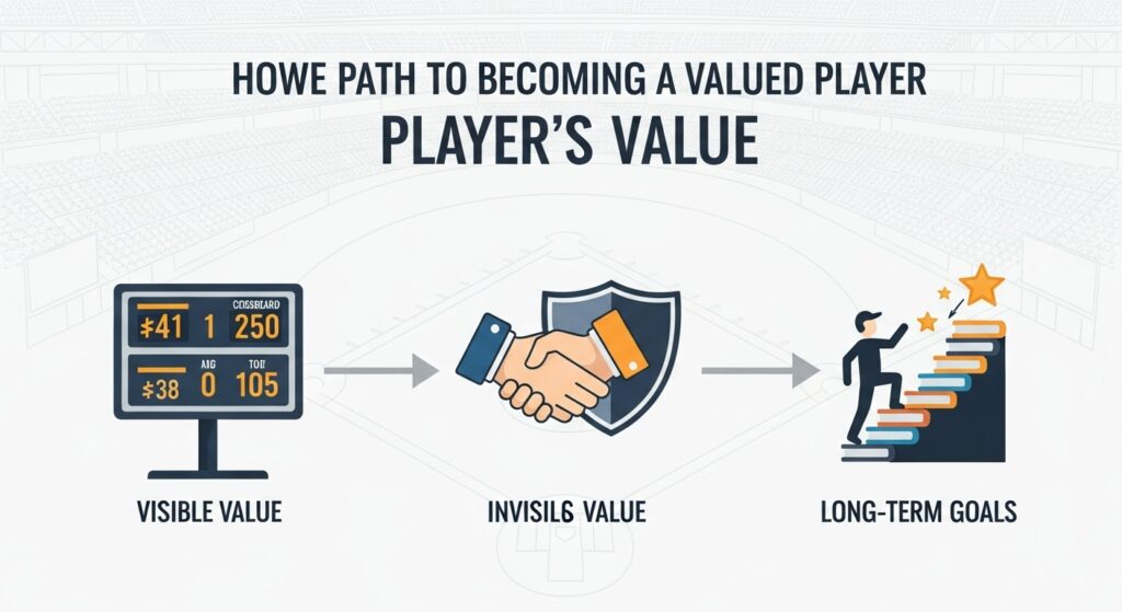 「評価される選手」になるための3つの要素(目に見える価値、見えない価値、長期的目標)を示したインフォグラフィック