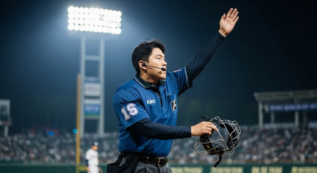 韓国プロ野球の審判が、イヤホンに耳を傾けながら力強くストライクのコールをしているプロフェッショナルな姿。