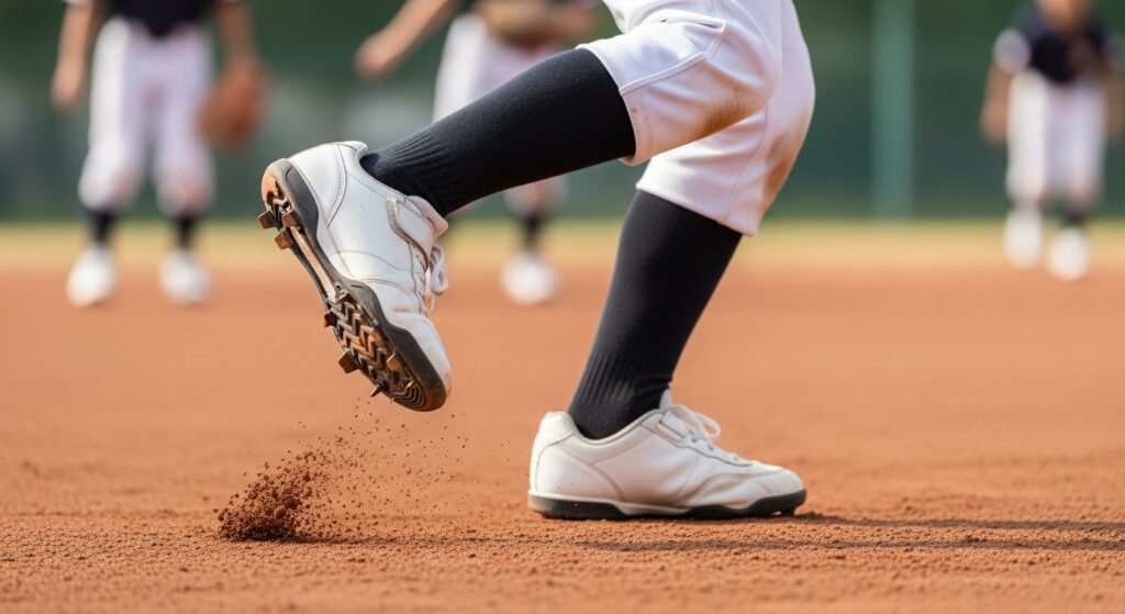 鬼ごっこで急な方向転換をする少年野球選手の足元