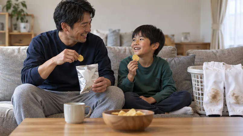 洗濯後、父親と少年野球の子供がお菓子を開けながら話す家庭の場面(生成AIによるイメージ)
