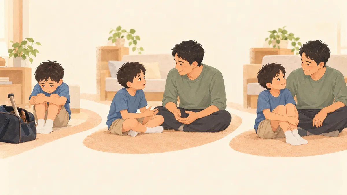 落ち込む子どもの話を父親が聞き、子どもの表情が和らぐ流れ(生成AIによるイメージ)