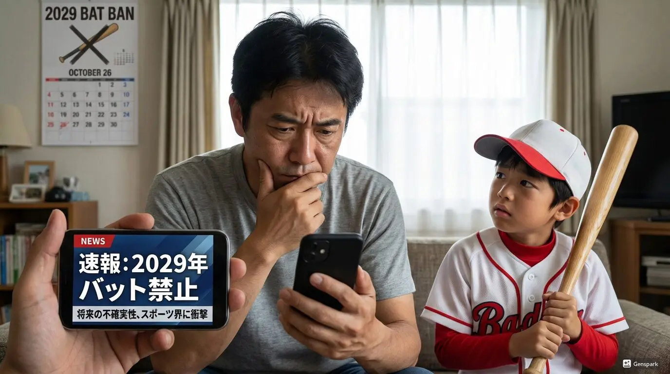 2029年高反発バット禁止のニュースを見て、バット選びに悩む少年野球の父親と息子