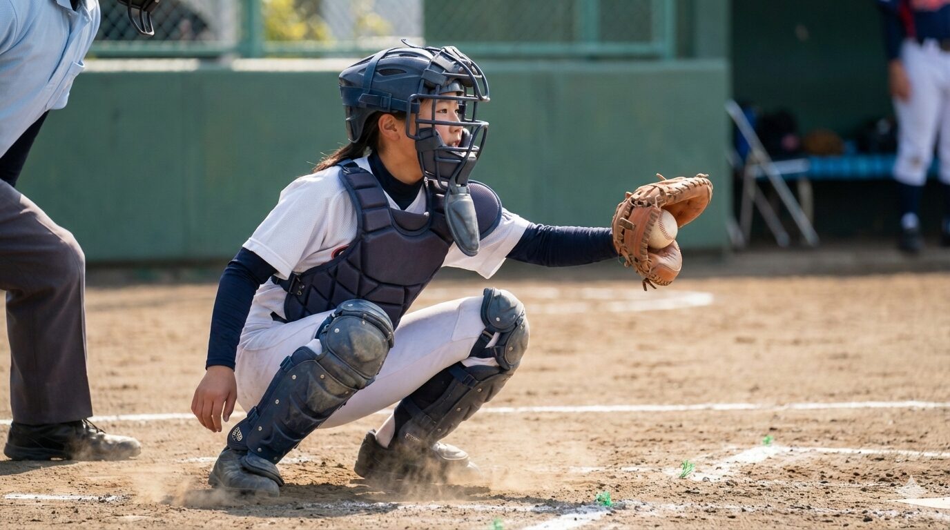 マスク越しに真剣な眼差しでボールを捕球する少年野球の女子キャッチャー（AI生成によるイメージ画像）