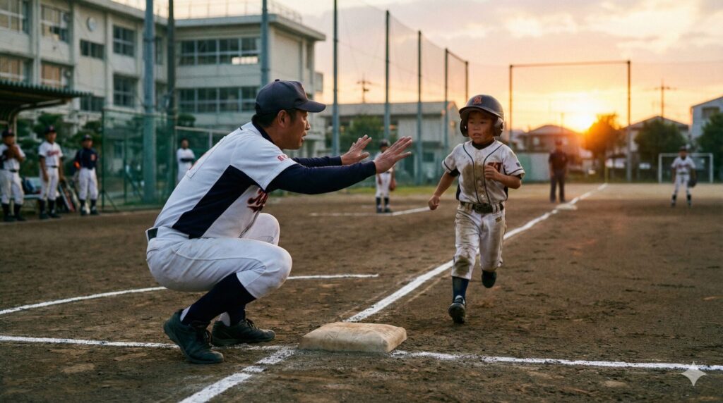夕暮れの少年野球グラウンドで、三塁コーチャーの父が全身を使って息子にストップの指示を出す感動的なシーン