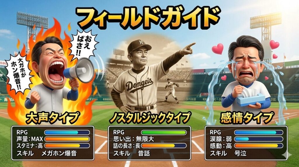 3つのタイプ（大声、昔話、情熱家）の野球部出身パパを描いたキャラクター図鑑風イメージ