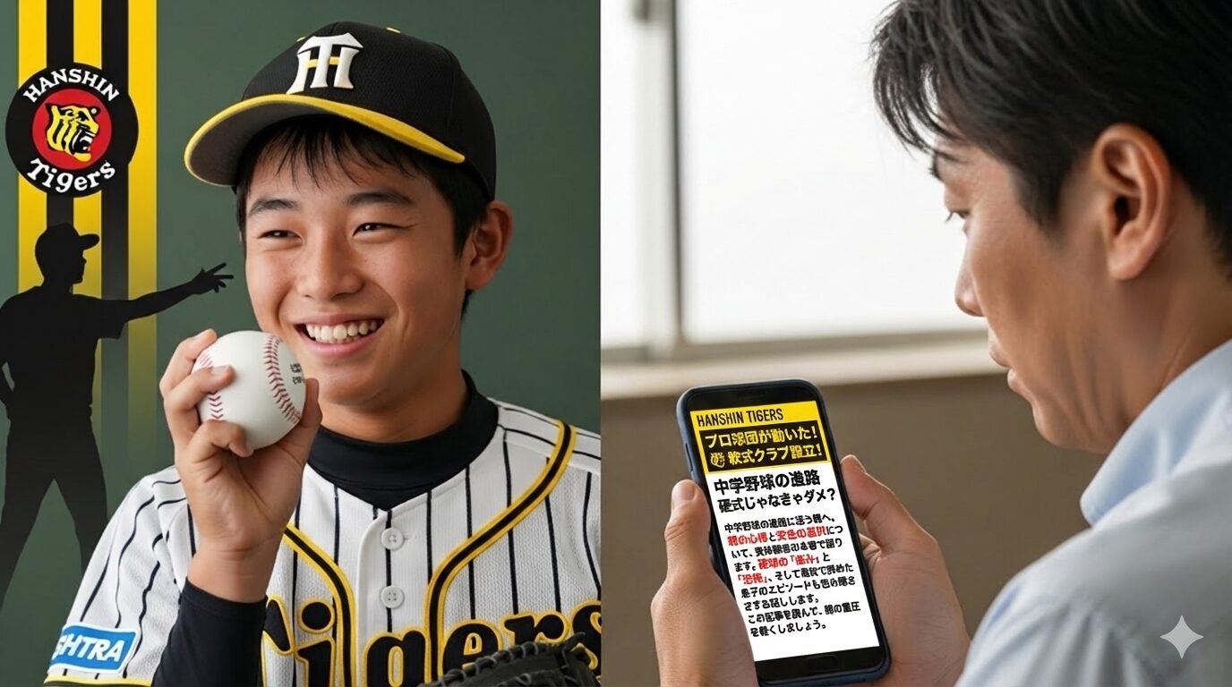 阪神タイガースの中学軟式クラブ設立と、進路に悩む父子のイメージ