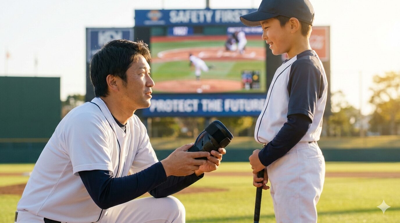 大谷翔平選手のニュースを見て、少年野球をする息子のために肘用サポーターを選ぶ日本人の父親（AI生成によるイメージ画像）