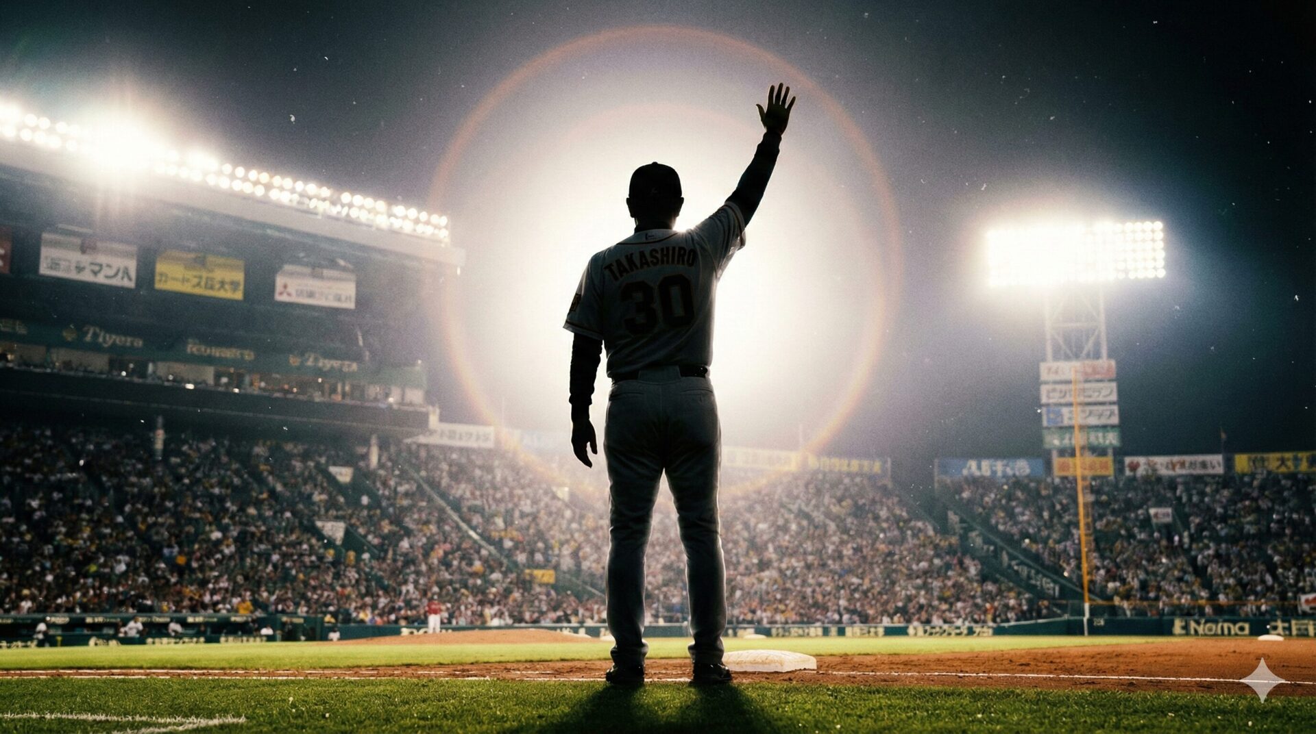 スタジアムの照明の中、走者に「GO」の指示を出すプロ野球三塁コーチの背中（シルエット）