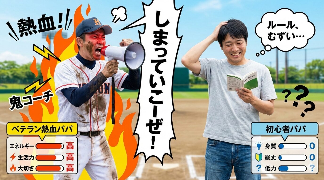 「しまっていこうぜ！」と叫ぶ熱血パパと、それに圧倒されつつも笑顔の未経験パパ