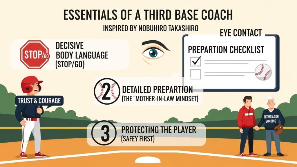 高代延博氏に学ぶ「少年野球・三塁コーチャーの心得」まとめインフォグラフィック