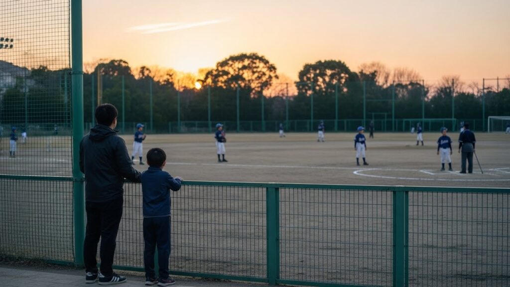 夕暮れのグラウンドを見つめる親子の後ろ姿と、少子化を感じさせる静かな練習風景
