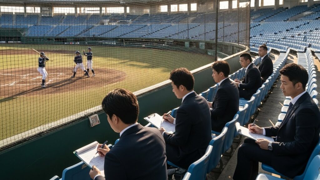 球場のスタンドで選手を視察しメモを取るスーツ姿の企業スカウトたち