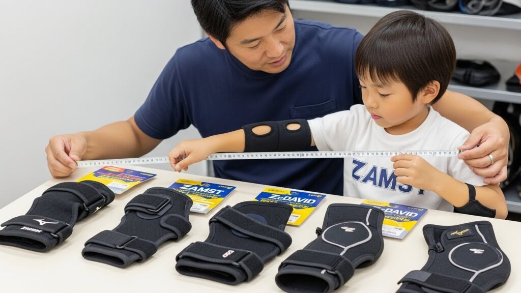 少年野球用の肘サポーターを選び、息子の腕のサイズをメジャーで測る父親(AI生成によるイメージ画像)
