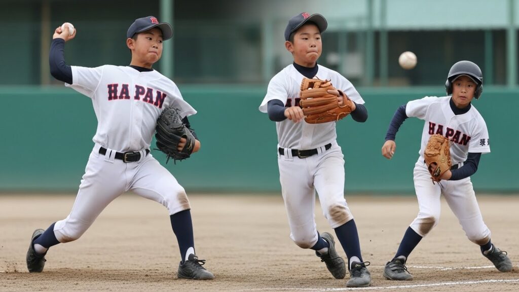 様々なポジションで躍動する少年野球選手のモンタージュ(AI生成によるイメージ画像)