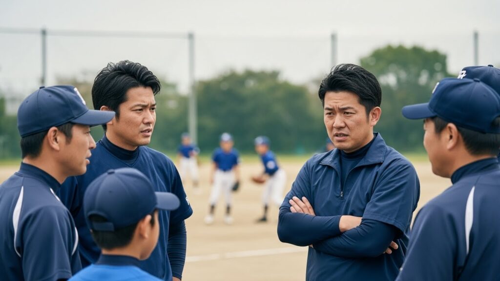 グラウンドで進路について話し合う野球パパたち（AI生成によるイメージ画像）