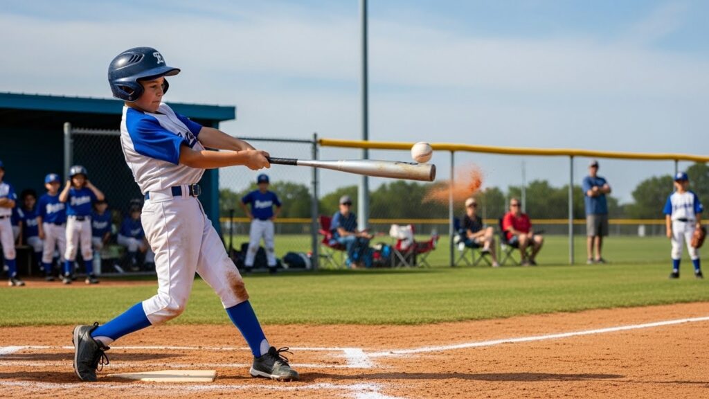 米国少年野球(USABat規格)で、芯で捉える打撃技術を磨く少年の様子