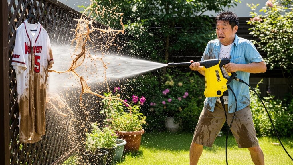 庭で高圧洗浄機を使ってユニフォームを洗おうとし、跳ね返った泥水で自分もびしょ濡れになるパパ