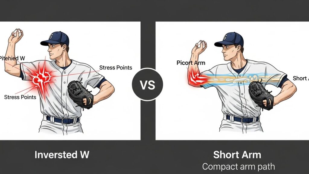 インバーテッドWとショートアームの投球メカニクス比較図