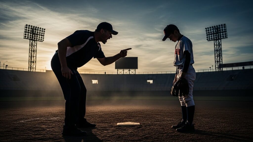 怒鳴るコーチの前で萎縮してうつむく少年野球の子供