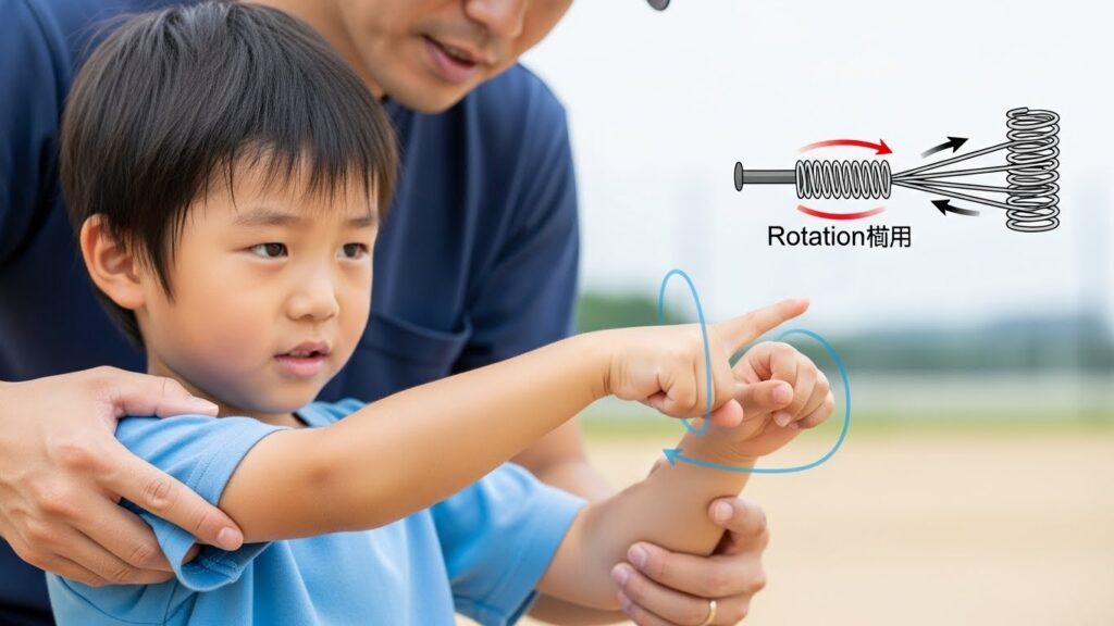 野球の「割れ」をゴムパチンコに例えて説明する父親と息子の様子