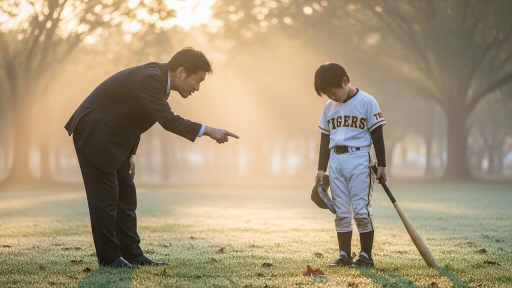 早朝の公園で息子を厳しく指導しすぎてしまう父親
