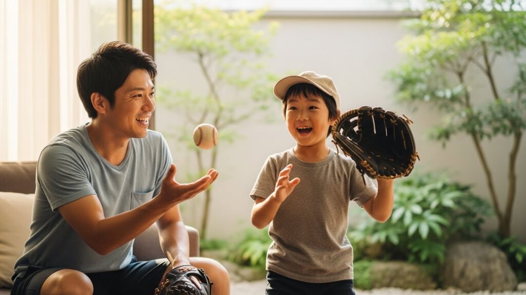 自宅で笑顔でキャッチング練習（ビタ止め）をする親子（AI生成によるイメージ画像）