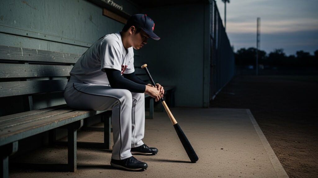 夕暮れのベンチで一人うつむき、将来への不安と葛藤を抱える野球選手