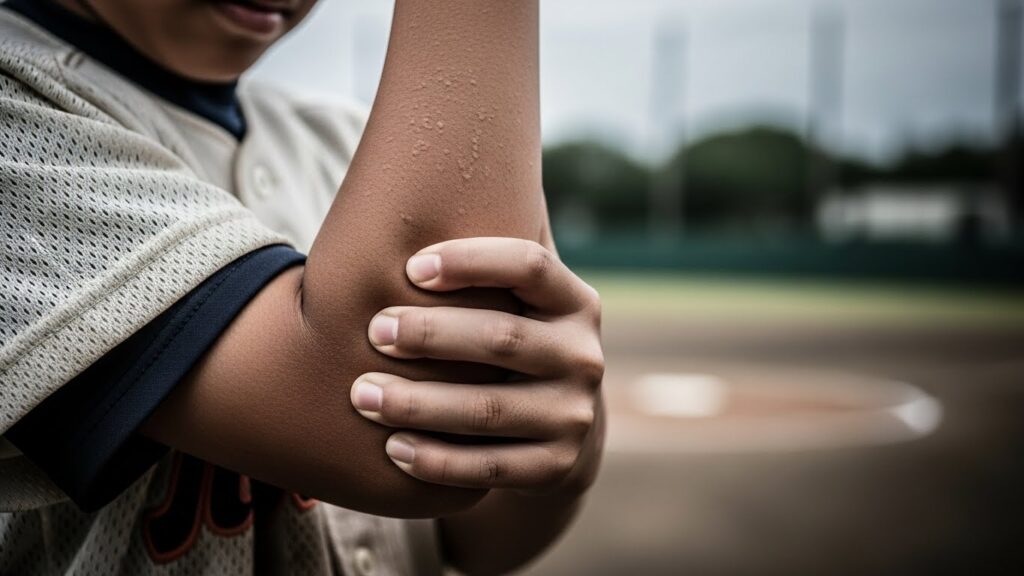 無人のベンチに置かれたグローブと、遠くでうつむく野球少年のシルエット