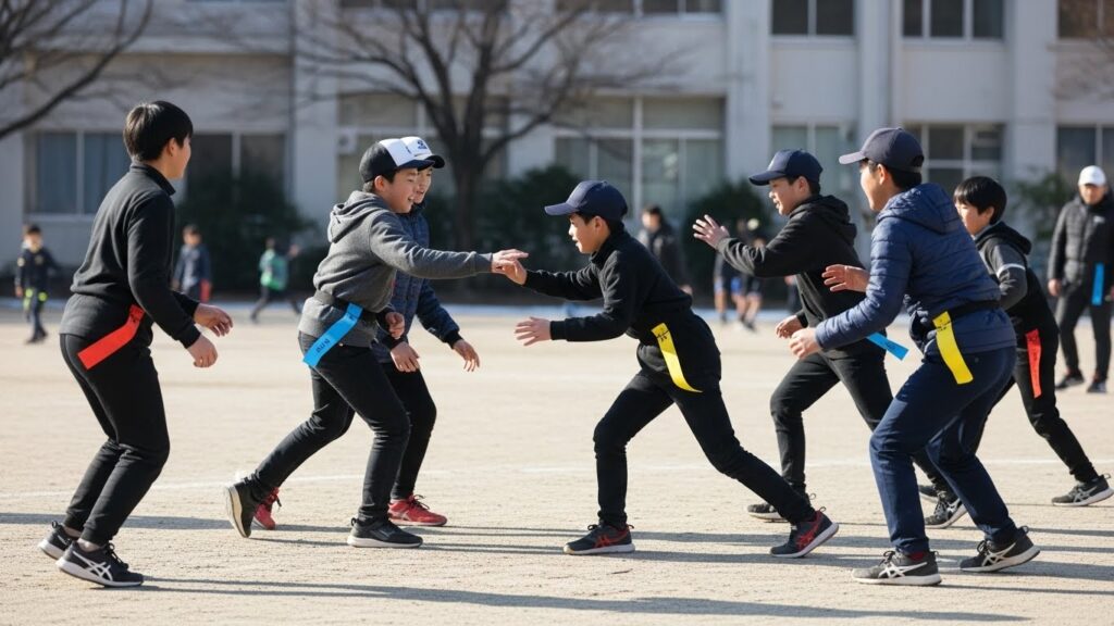 冬の校庭で元気に鬼ごっこやドッジボールをして遊ぶ日本の小学生たち