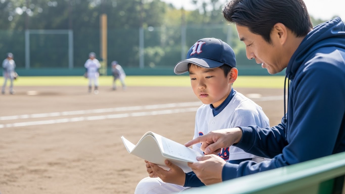 スコアブックを見ながら作戦を練る少年野球の選手と父親