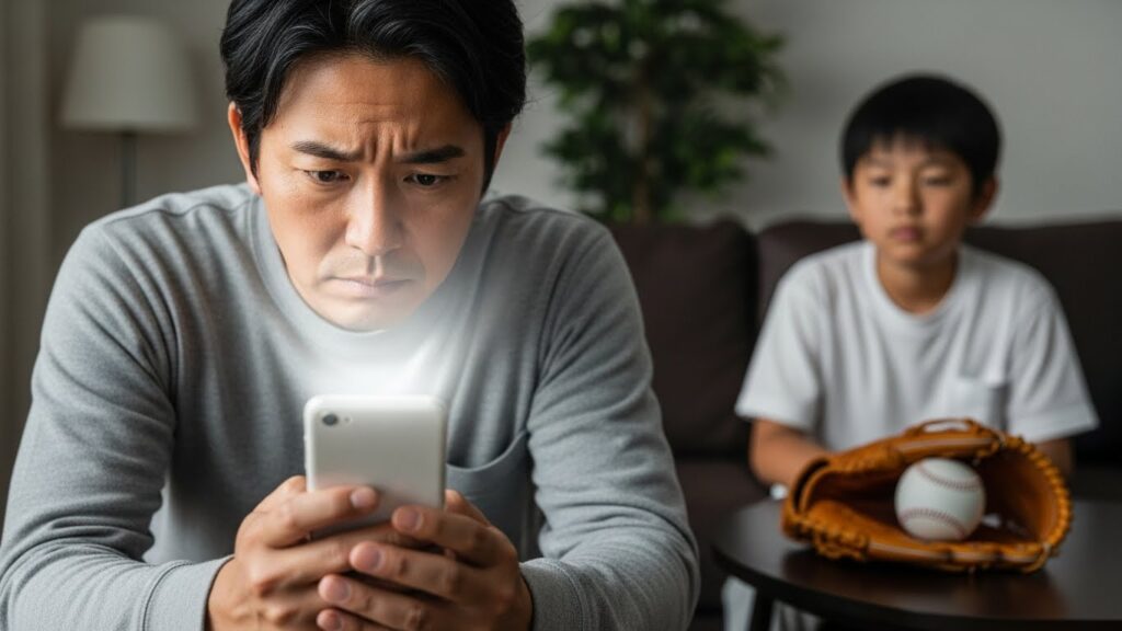 スマートフォンで野球に関する衝撃的なニュースを見て、真剣な表情を浮かべる日本人男性(野球パパ)