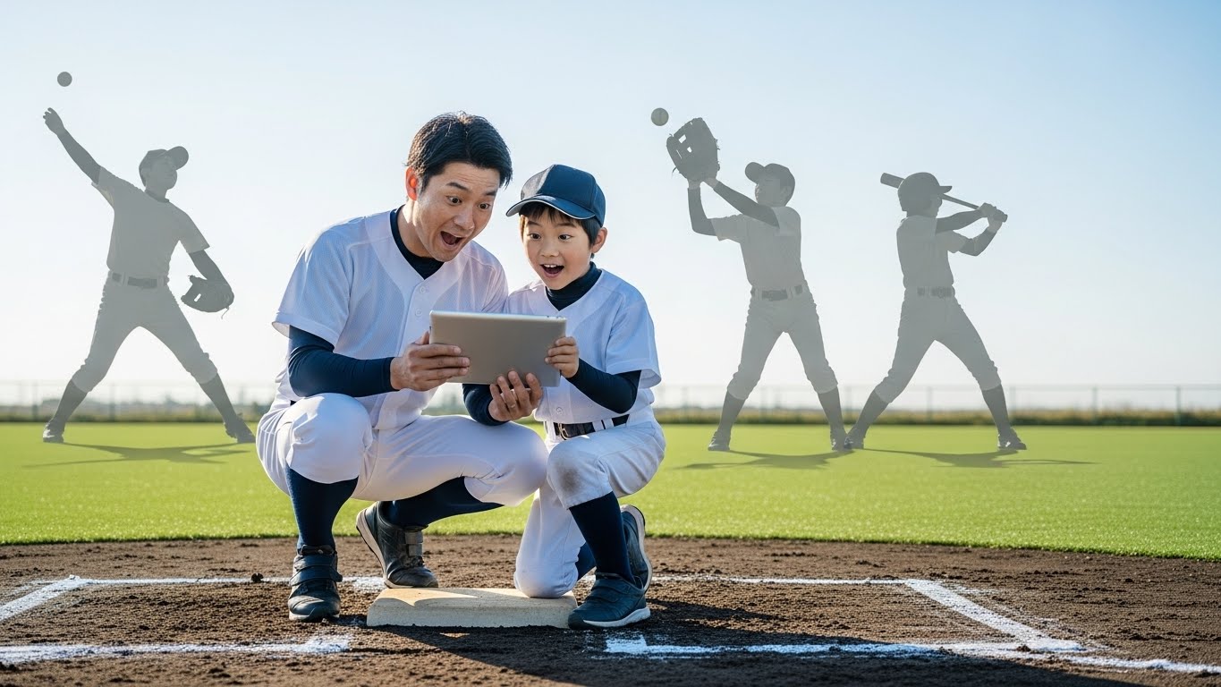 タブレットを見て驚く少年野球の親子と三刀流選手のイメージ