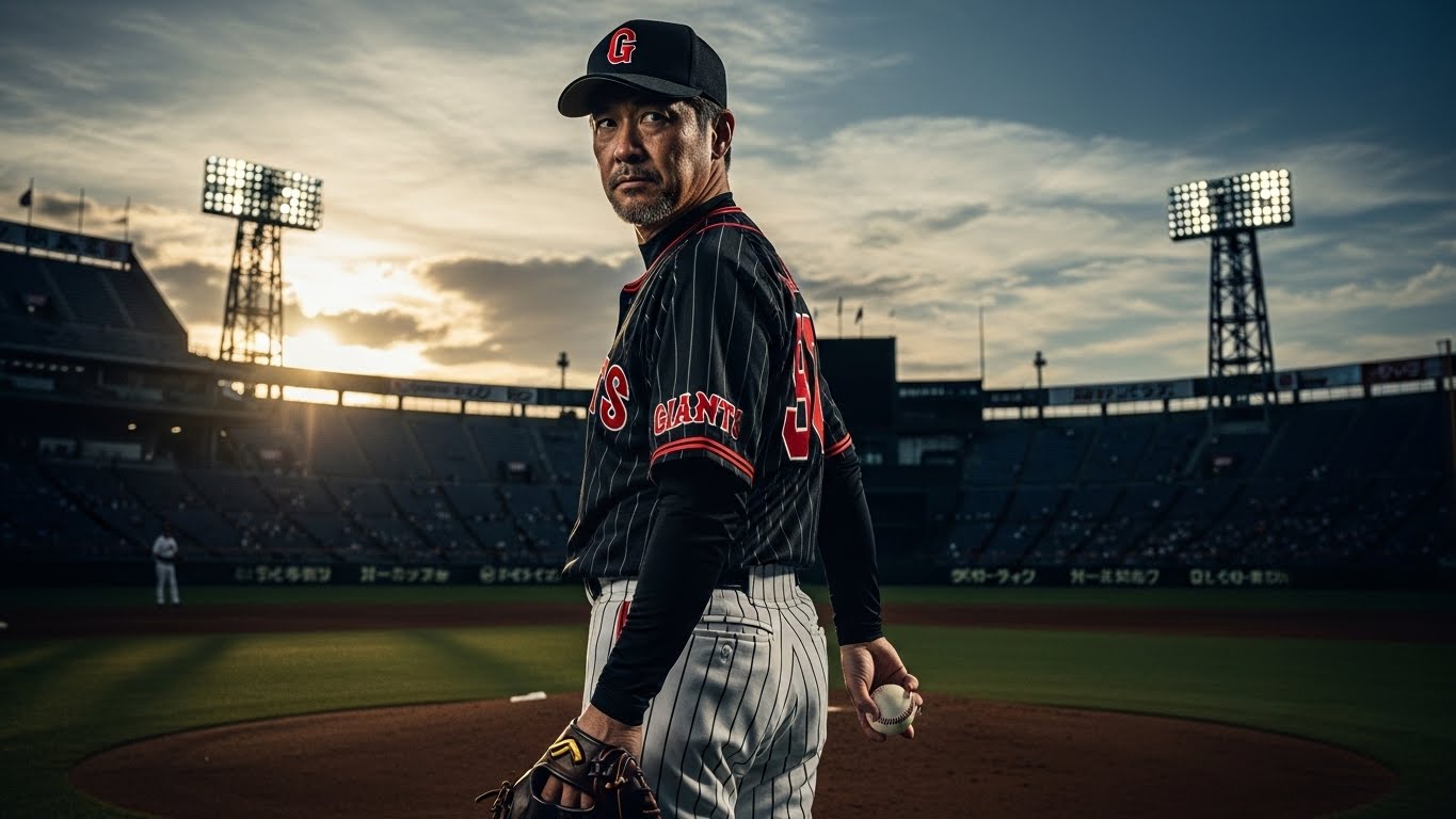 夕暮れのスタジアムで決意の表情を浮かべるベテラン野球選手（AI生成によるイメージ画像）