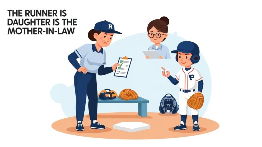 「走者は嫁、コーチは姑」という高代氏の言葉をイメージした、チェックリストを持つコーチと選手のイラスト